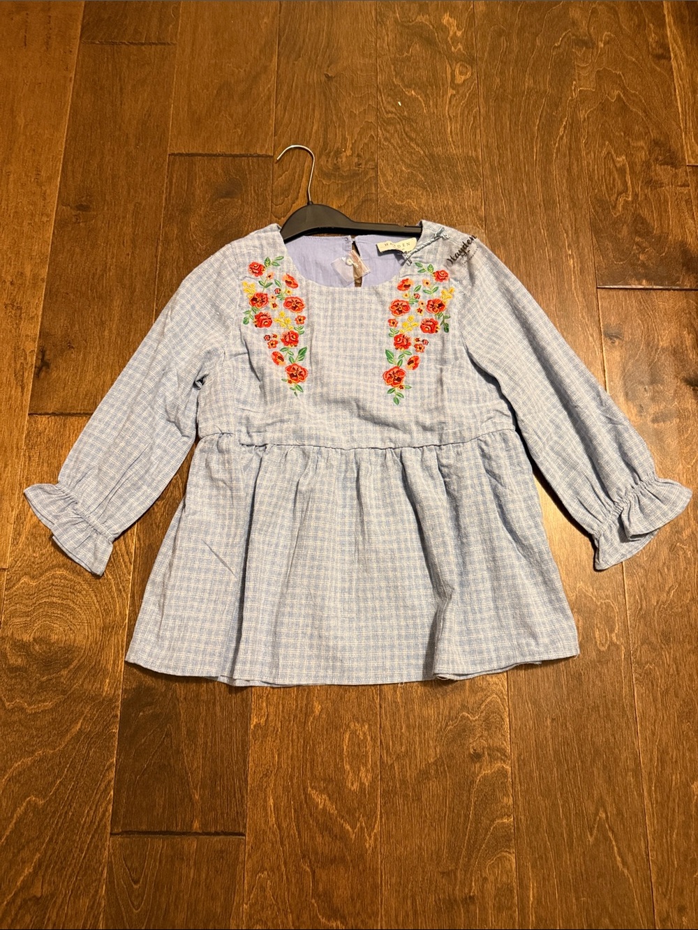 Embroidered Light Blue Peasant Blouse with Floral Accents